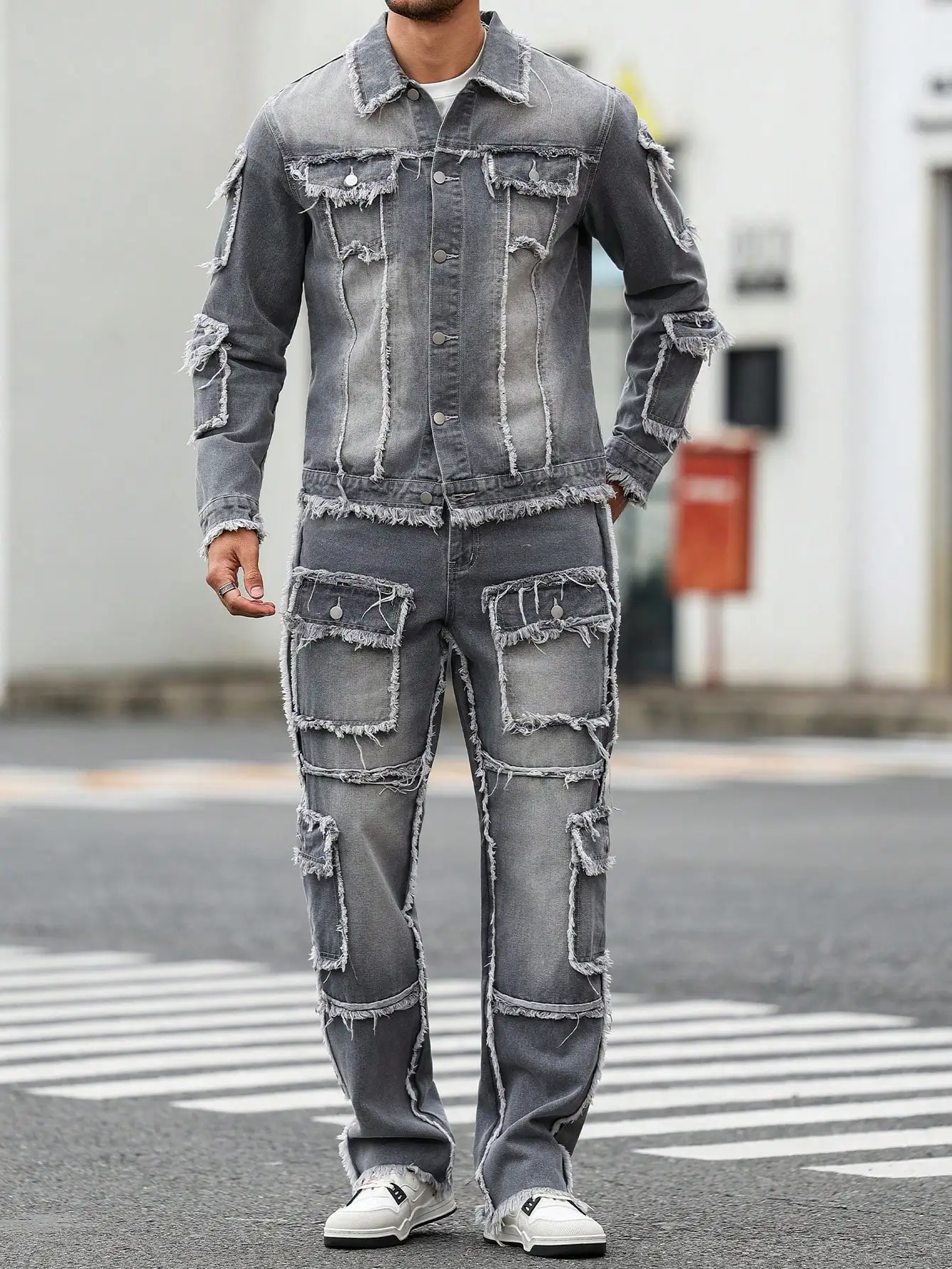 Men's Street Style Casual Distressed Raw-Hem Grey Denim Set, a minimalist and fashionable two-piece ensemble. - Image 2