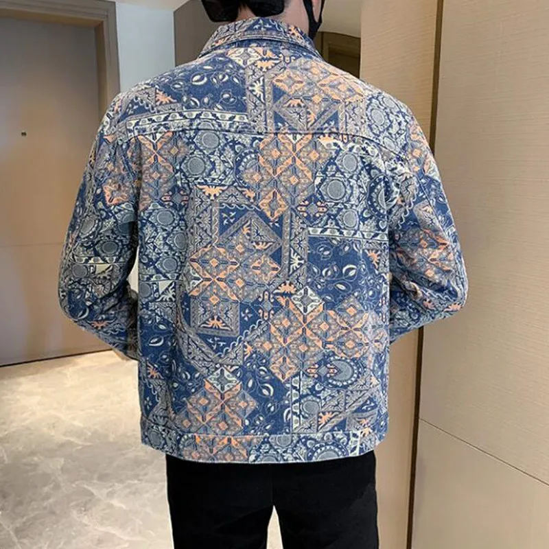 2026 New Men's Washed Denim Jacket with Ethnic Pattern Casual Streetwear Slim Fit Coats - Image 4