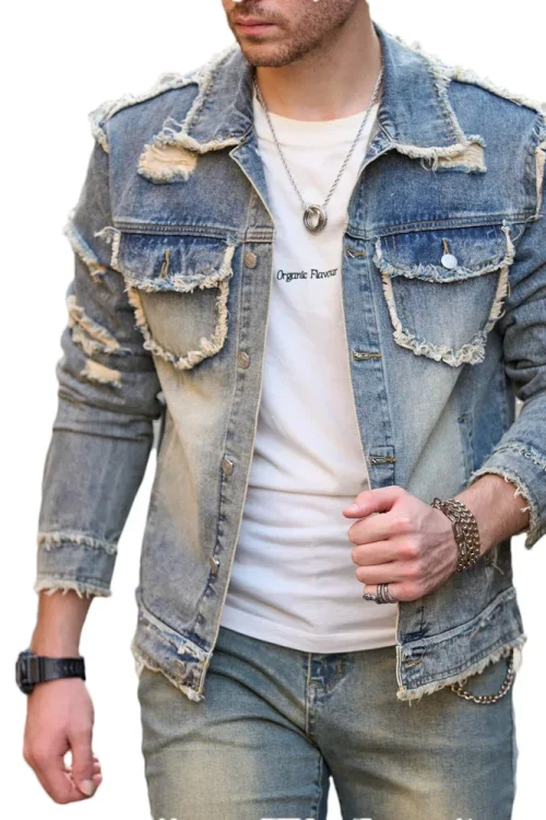 Street Stylish Retro Style Holes Slim Street Denim Jacket Coat Good Quality Distressed Male Casual Denim Jacket