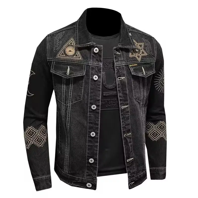 New Spring and Autumn Men's Denim Jacket Classic Retro Embroidered Lapel Motorcycle Jacket Trendy Fashion Loose Casual Denim Top - Image 6