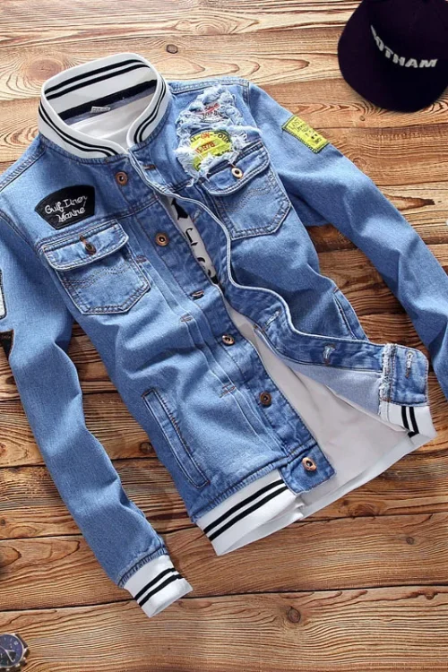 Spring Autumn New Fashion Men’s Loose Jeans Jacket Casual American Stand Collar Denim Coats Plus Size Men Trendy Streetwear