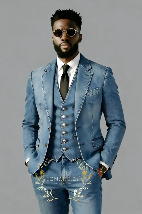 Fashion Design Men’s Clothing Denim Suit 3pcs Single-breasted Blazer Vest Pants Elegant Wedding Evening Party Tuxedos Bespoke
