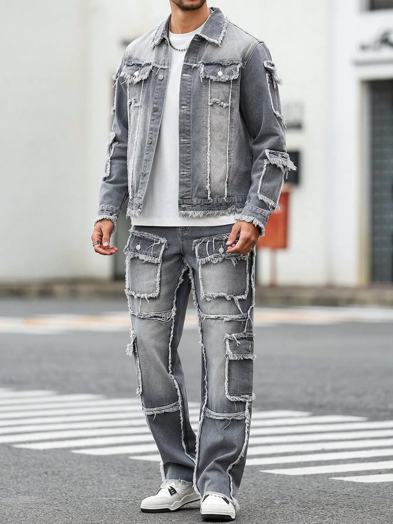 Men's Street Style Casual Distressed Raw-Hem Grey Denim Set, a minimalist and fashionable two-piece ensemble. - Image 3