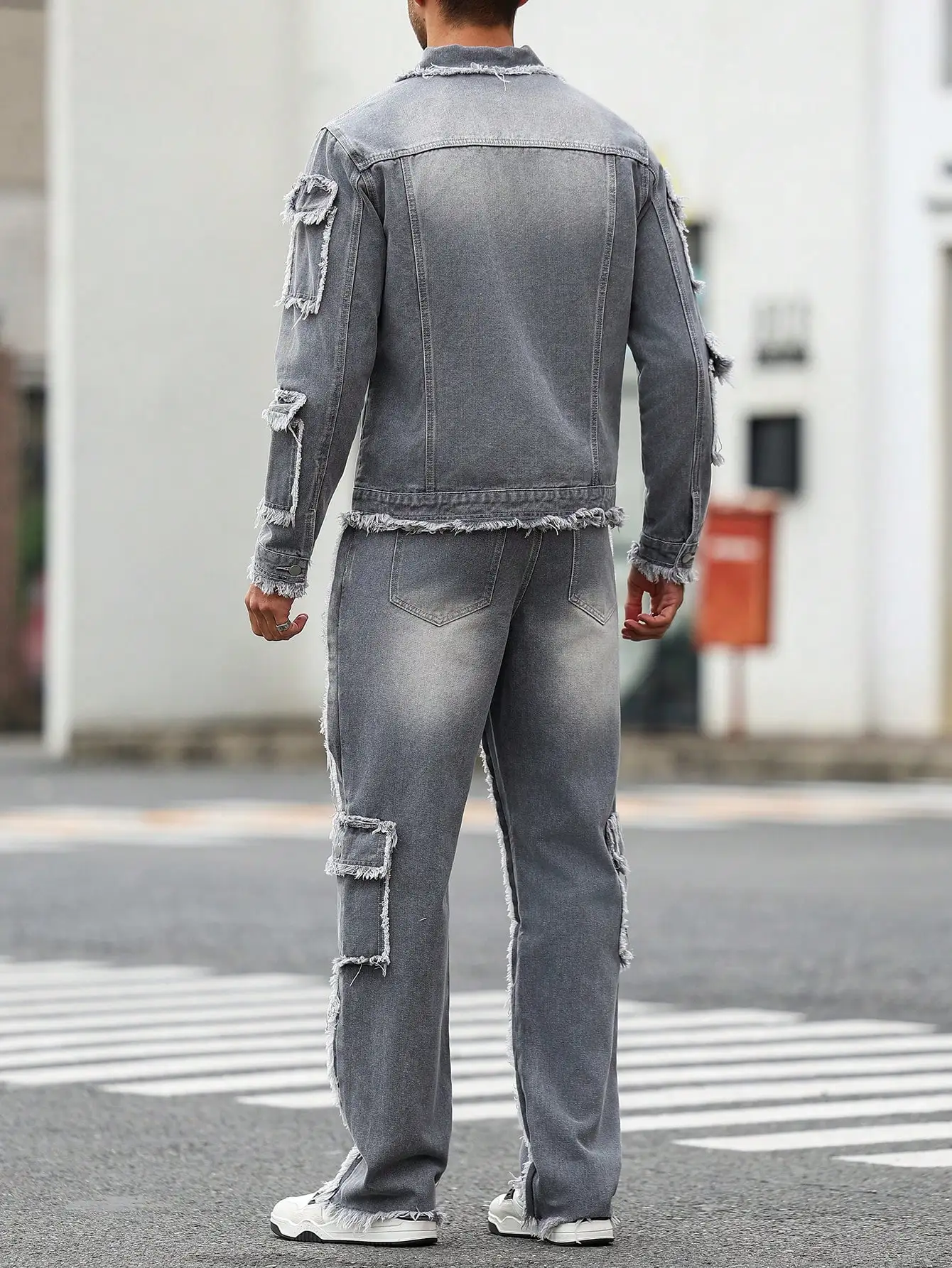 Men's Street Style Casual Distressed Raw-Hem Grey Denim Set, a minimalist and fashionable two-piece ensemble. - Image 4