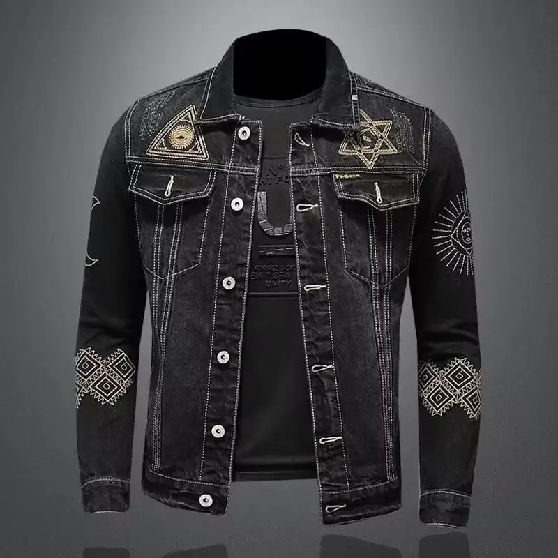 New Spring and Autumn Men's Denim Jacket Classic Retro Embroidered Lapel Motorcycle Jacket Trendy Fashion Loose Casual Denim Top - Image 5