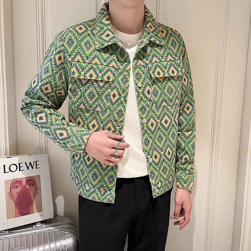 2026 New Men's Washed Denim Jacket with Ethnic Pattern Casual Streetwear Slim Fit Coats
