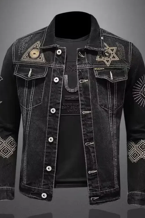New Spring and Autumn Men’s Denim Jacket Classic Retro Embroidered Lapel Motorcycle Jacket Trendy Fashion Loose Casual Denim Top