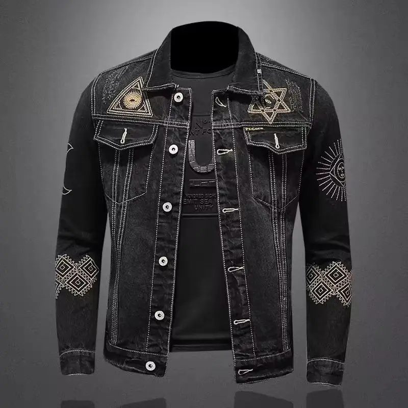 New Spring and Autumn Men’s Denim Jacket Classic Retro Embroidered Lapel Motorcycle Jacket Trendy Fashion Loose Casual Denim Top