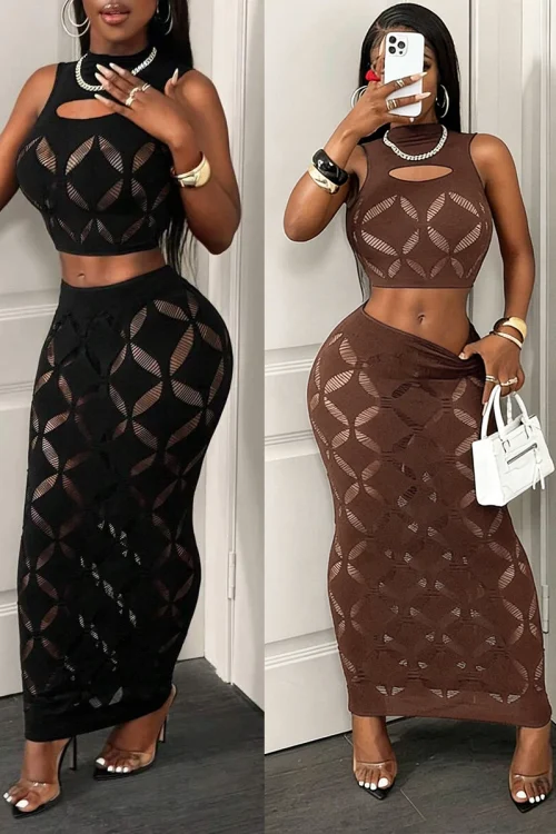 FHSEER Plus Size 2PCS Women’s Sexy Set See Through Mesh Hollow Out Crop Tank & High Waist Bodycon Mini Skirt Stretechy Clubwear
