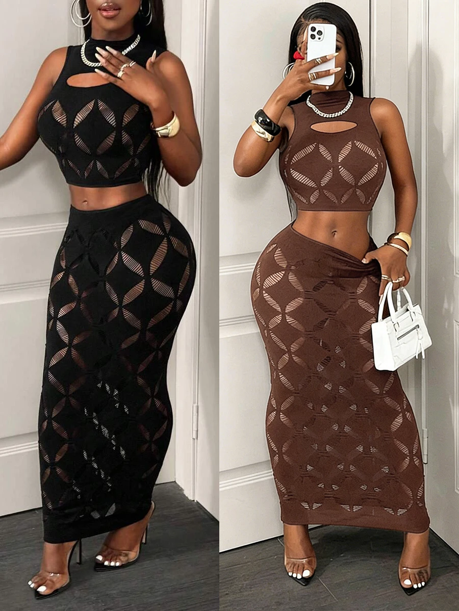 FHSEER Plus Size 2PCS Women’s Sexy Set See Through Mesh Hollow Out Crop Tank & High Waist Bodycon Mini Skirt Stretechy Clubwear