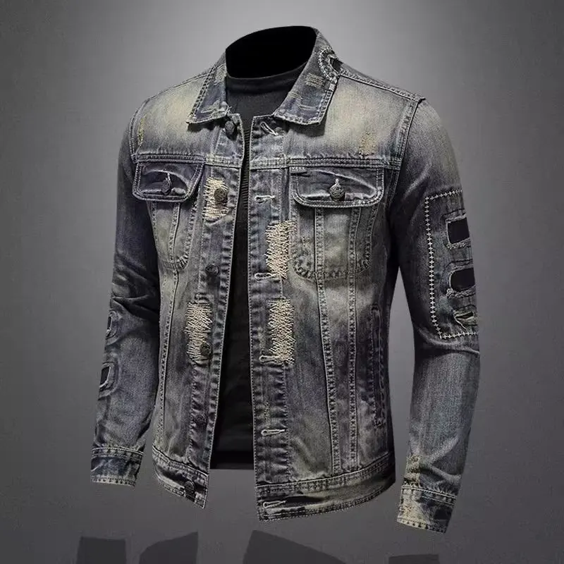 Men's Denim Jacket Vintage Distressed American Style Slim Fit Motorcycle Jacket Workwear Casual Coat Spring Autumn - Image 3