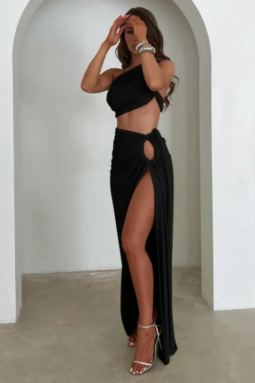 Women Summer 2 Pieces Outfits Solid Color Oblique Shoulder Sleeveless Sexy Tops Wrapped Hip High Waist Slit Long Skirts Sets