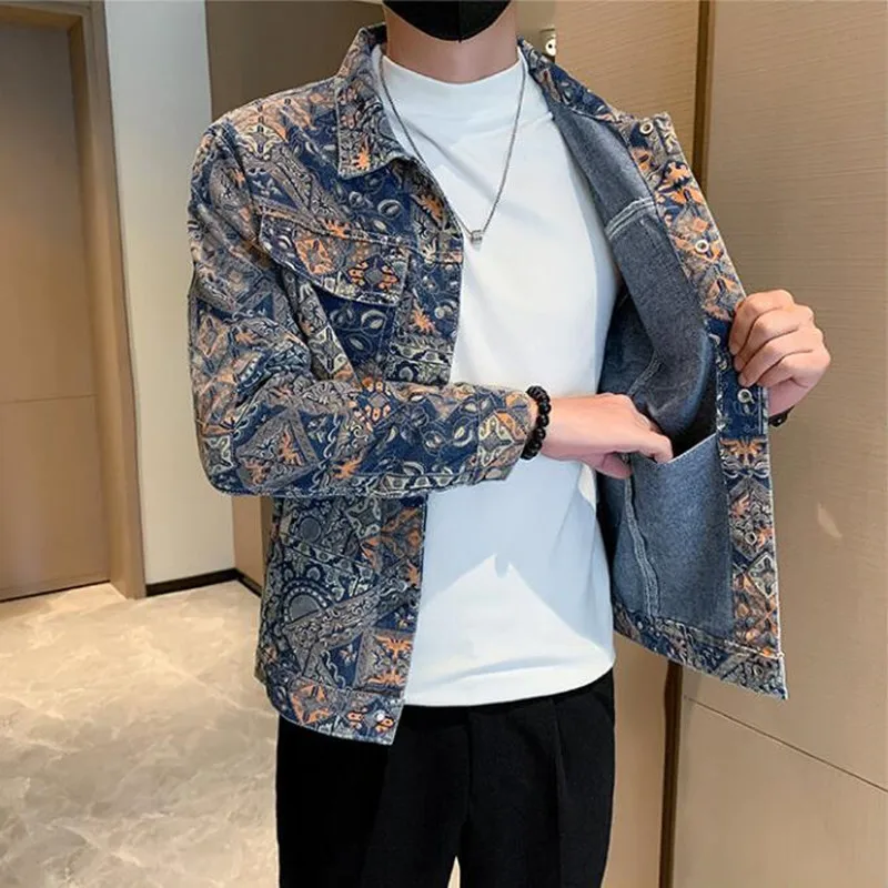 2026 New Men's Washed Denim Jacket with Ethnic Pattern Casual Streetwear Slim Fit Coats - Image 3