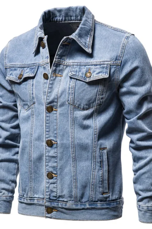 Men’s cotton European size denim jacket, fashionable and trendy for autumn and winter seasons.