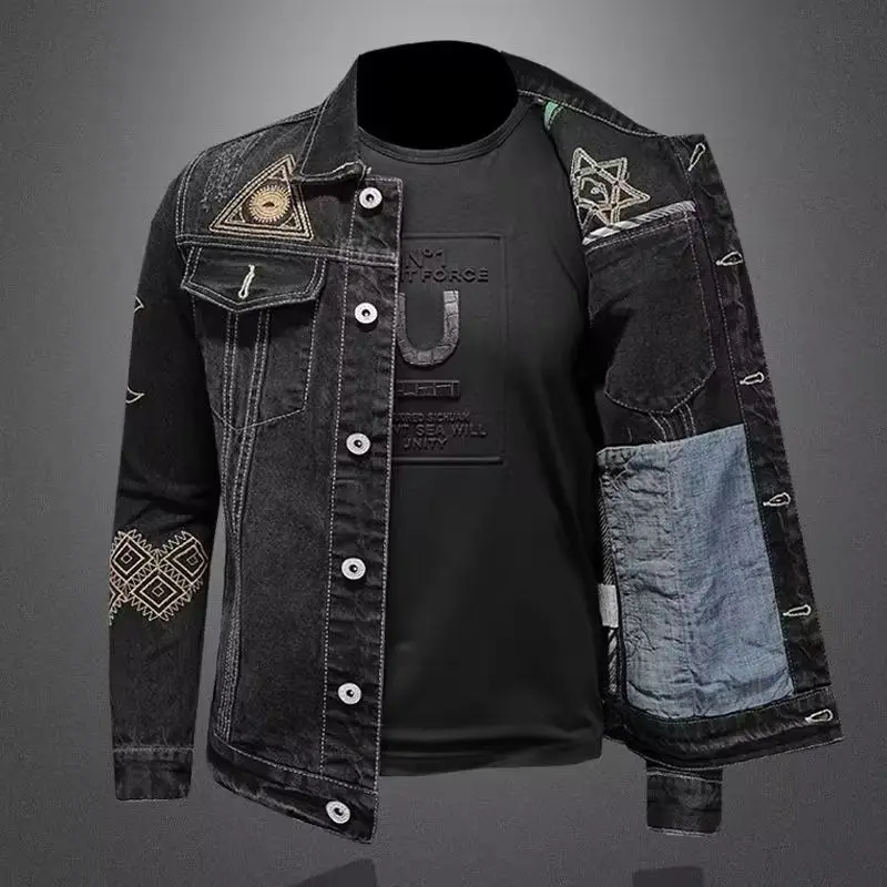 New Spring and Autumn Men's Denim Jacket Classic Retro Embroidered Lapel Motorcycle Jacket Trendy Fashion Loose Casual Denim Top - Image 4