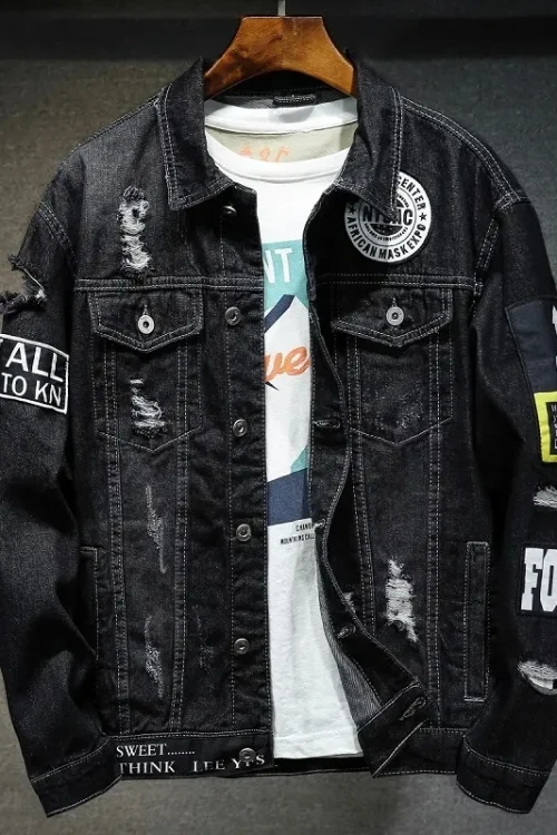 Men Brand Denim Jacket Streetwear Punk Motorcycle Ripped Print Cowboy Coats High Quality Casual Hole Loose Male Jeans Outwear