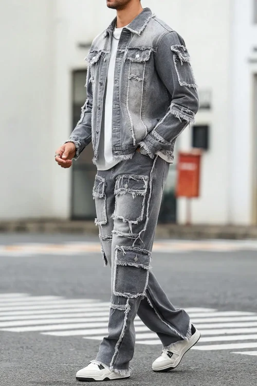 Men’s Street Style Casual Distressed Raw-Hem Grey Denim Set, a minimalist and fashionable two-piece ensemble.