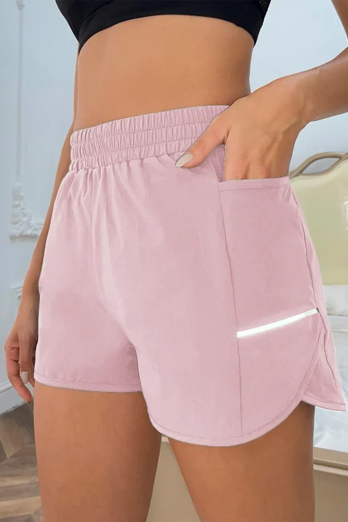 Women’s new shorts with mobile phone pocket, elastic waist, sports belt, reflective strips, casual fashion sports shorts