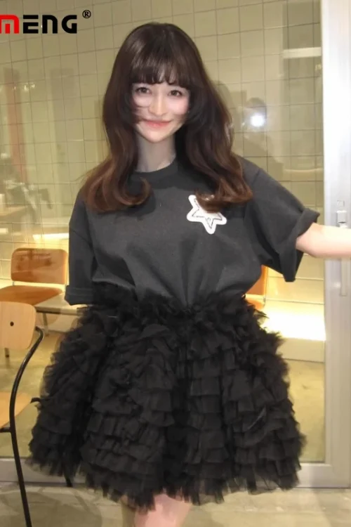 Japanese Style Sweet Bud Cake Skirt Summer New Women’s Elastic Waist Short Skirts Ladies Loose Casual T-shirt Tops 2025