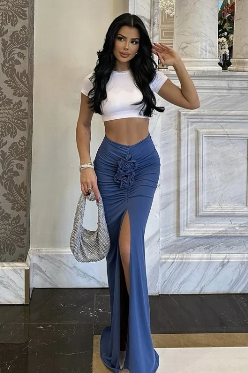 Women Fashion 3D Floral Slit A-Line Skirt Wrap Hip Sexy Slim High Waist Long Skirt Female Casual Floor-Length Drape Maxi Skirts