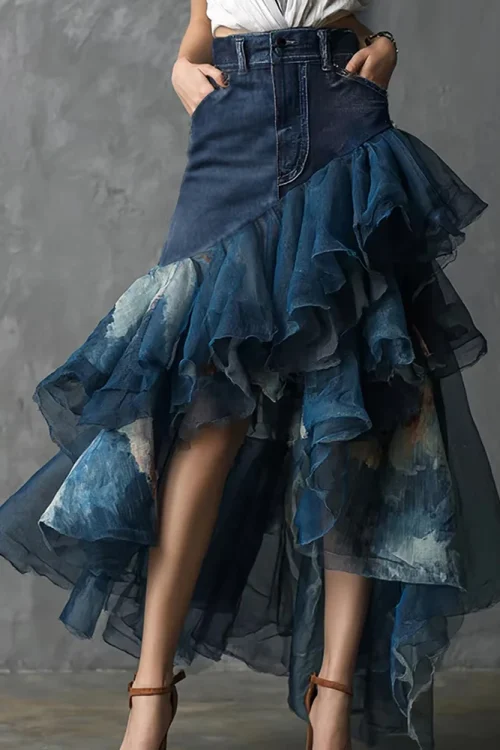 Women’s Denim Patchwork Ruffle Maxi Skirt High Waisted Asymmetrical Sheer Tulle Layered Skirt For Female Fashion Outfits Skirts