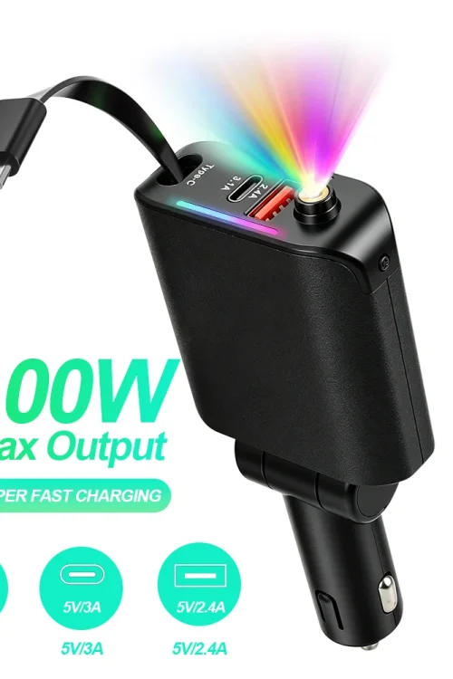 Car Charger with Retractable Charging Cable USB Type C with Starry Sky Spotlight Phone Cigarette Lighter Adapter Compatible