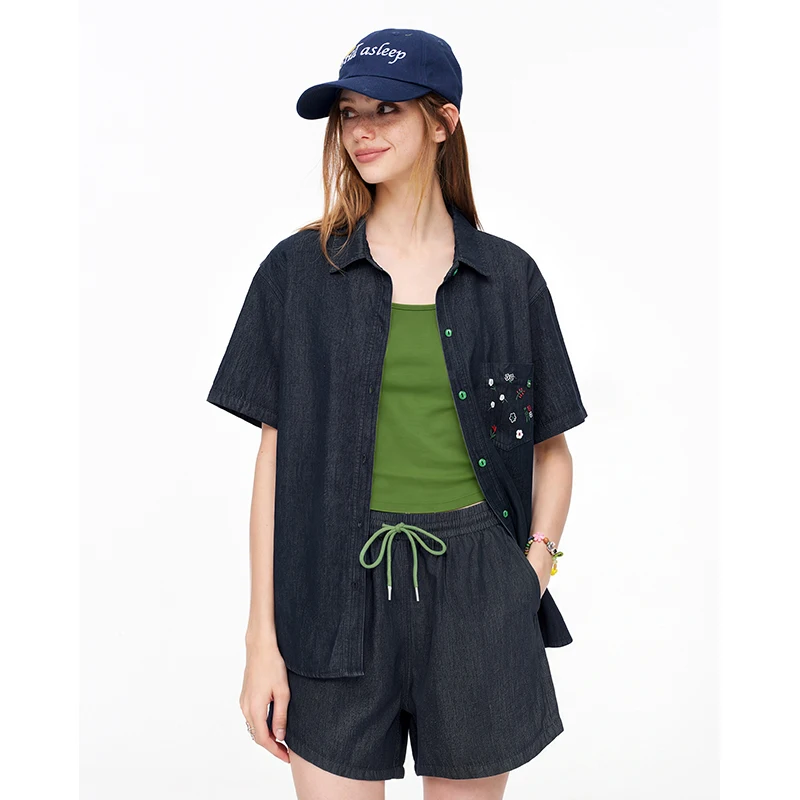ELFSACK Women's Dark Blue Button Blouse and Elastic Pocket Jeans Set, Denim Short Sleeve Shirt with Embroidery Shorts - Image 4