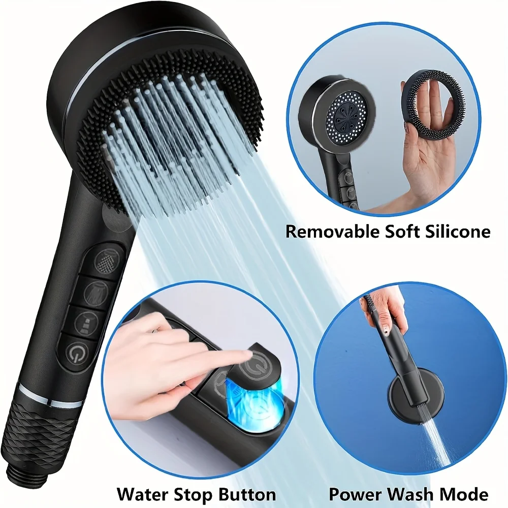 4 Modes Self-cleaning Shower Head with Silicone Brush One-Key Stop Water Massage High Pressure ABS Showerhead with Filter - Image 2