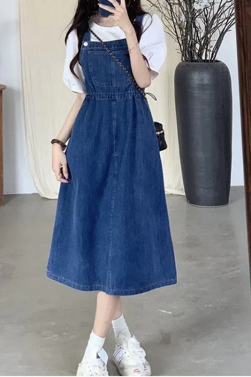 2025 Fashion Women Denim Suspender Skirt Spring Summer Causal Strap Female High Waist A-line Solid Lace-up Woman Skirts