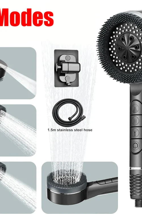 4 Modes Self-cleaning Shower Head with Silicone Brush One-Key Stop Water Massage High Pressure ABS Showerhead with Filter