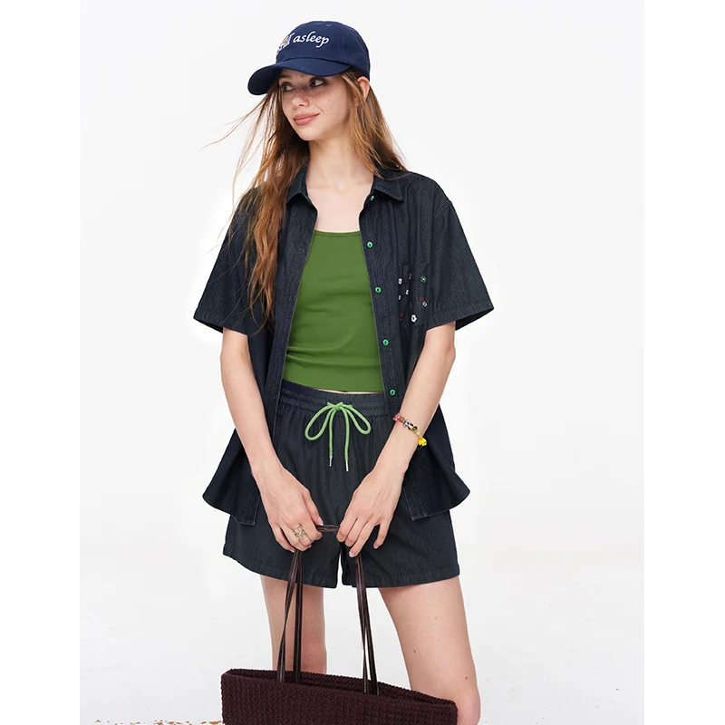 ELFSACK Women's Dark Blue Button Blouse and Elastic Pocket Jeans Set, Denim Short Sleeve Shirt with Embroidery Shorts - Image 2