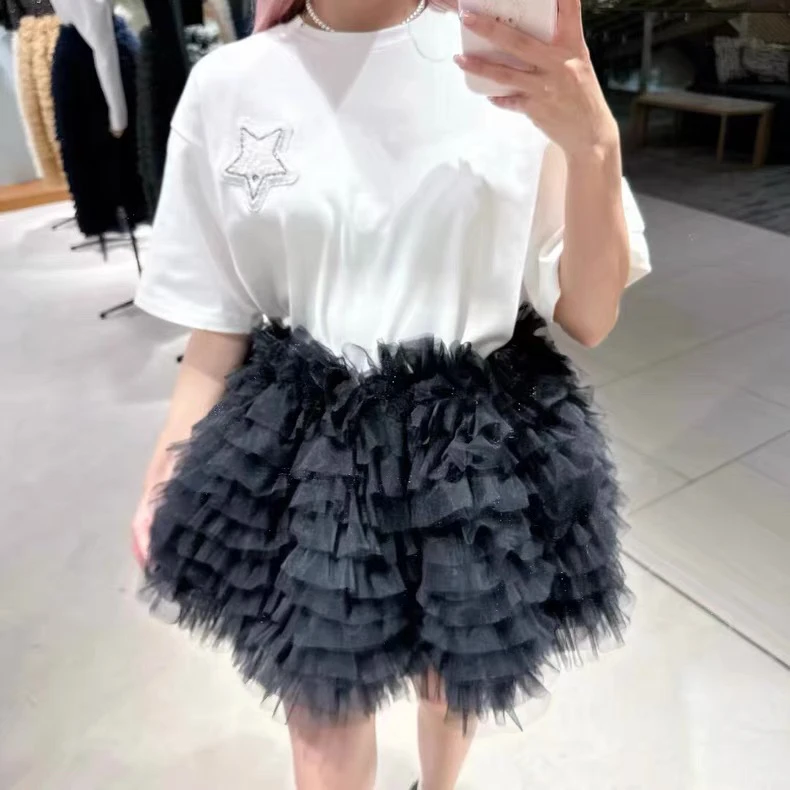 Japanese Style Sweet Bud Cake Skirt Summer New Women's Elastic Waist Short Skirts Ladies Loose Casual T-shirt Tops 2025 - Image 5