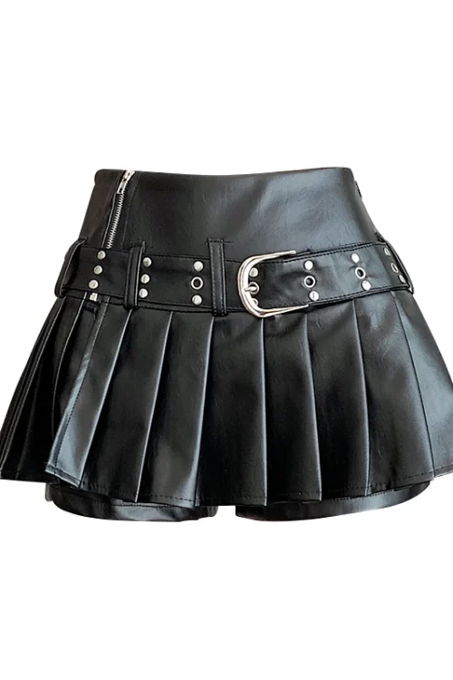 Women’s Black Gothic A-line Pleated Leather Skirt Y2k Mini Shorts Skirts Harajuku Korean Emo Skirt 2000s Vintage Clothes Summer